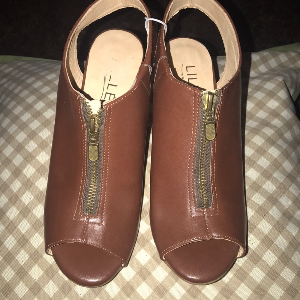 New Leather peep toe booties with front zipper